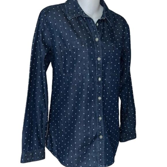 LOFT The Softened Shirt Chambray White Hearts Print Valentine's Day NWOT Small - Picture 4 of 11